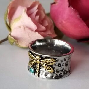 Art Nouveau Sterling Silver & Gold Dragonfly Hammered Cigar Band Ring Sz 6
